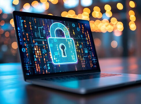 A laptop displaying a vibrant lock icon, symbolizing cybersecurity amidst a backdrop of blurred lights.