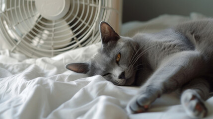 Persian cat lies in the bed from the heat under the fan, enjoys, dozes - obrazy, fototapety, plakaty