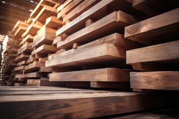 Stacked wooden beams in the warehouse