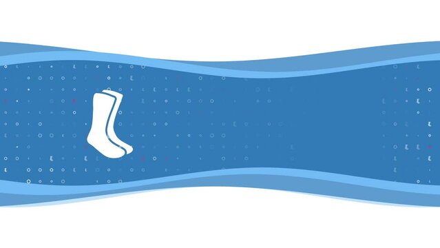Animation of blue banner waves movement with white socks symbol on the left. On the background there are small white shapes. Seamless looped 4k animation on chroma key background