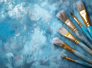 Collection of paint brushes on a textured blue surface with abstract paint strokes.
