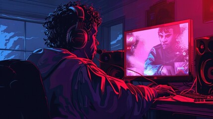 A vector illustration featuring a young gamer sitting in front of a screen, wearing headphones, and playing a video game