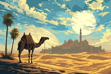 Türaufkleber Desert landscape with a lone camel and ancient Arabic architecture in the background © SaroStock