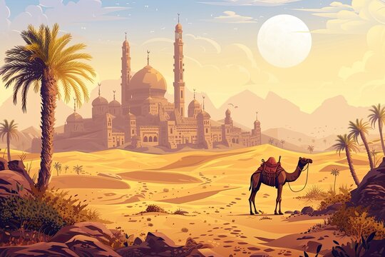Desert landscape with a lone camel and ancient Arabic architecture in the background