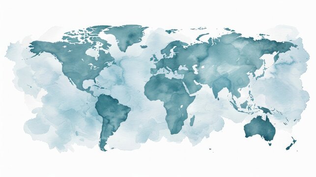 A watercolor-painted world map on a white background