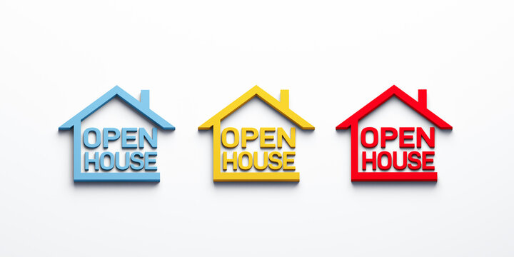Open House Event Logo Set Featuring a classic house outline with prominent each logo is presented in a different color cool blue, sunny yellow, and striking red to suit various branding styles.