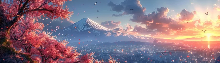 Foto op Plexiglas Sunrise Birdsinging, Cherry Blossom Setting, Spring Welcoming © Fokasu Art