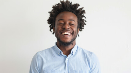 Obraz premium A cheerful man with curly hair smiles widely, wearing a light blue shirt against a white background.