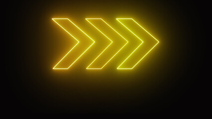 Right yeloow neon 3 arrows on a black background