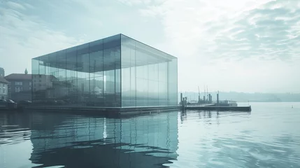 Fotobehang An awe-inspiring glass building rises from the tranquil waters of the lake, its towering structure mirrored in the sky above as boats glide by, a breathtaking fusion of modern architecture and natura © Dacha AI