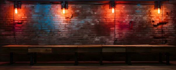 Rustic wooden backdrop illuminated by trendy neon lights and brick walls. Concept Rustic Backdrops, Neon Lights, Brick Walls, Vintage Vibes, Trendy Setting