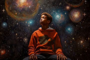 Fototapeta na wymiar A boy in an orange hoodie is sitting in front of a painting of a galaxy