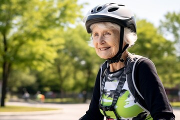 Elderly woman wearing helmet standing in park and looking at camera