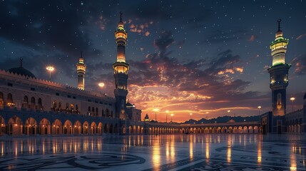The beauty of twilight at the Nabawi Mosque, Medina - obrazy, fototapety, plakaty