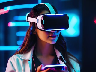 closeup of a 3d girl playing with mobile  with VR goggles and neon lights. futuristic concept of metaverse, play to earn, nft and cryptocurrencies