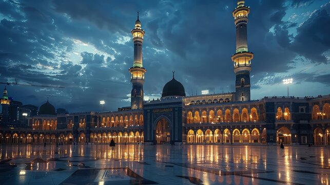 The beauty of the dawn light at the Nabawi Mosque, Medina
