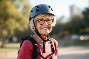 Portrait of happy senior woman in helmet and glasses at the park