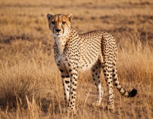 Cheetah standing on dry yellow grass of the African savannah