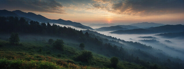 Dawn in the mountainous landscape mist shrouding the peaks presenting a captivating and serene nature scene.