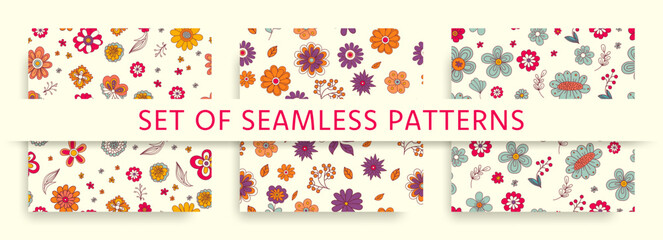 Vintage Groovy Floral Patterns Set: Abstract Seamless Designs with Daisy Flowers for Textile, Stationery, Wrapping Paper. 60s, 70s, 80s Retro Style. Perfect for a Hippie Aesthetic.