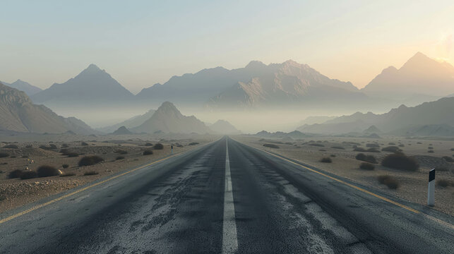 Long Stretch of Empty Road Leading Towards Misty Mountains In Desert. Illustration of Motorway Advertising. Bending Road, Road Ads.
