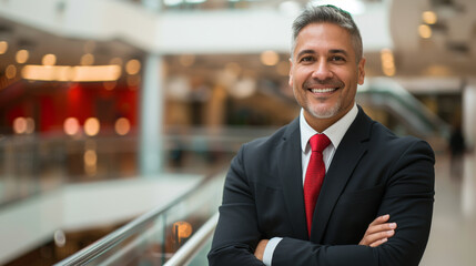 professional portrait of a smiling businessman with grey hair, wearing a black suit and red tie, arms crossed, standing in what appears to be a shopping mall or an office atrium.