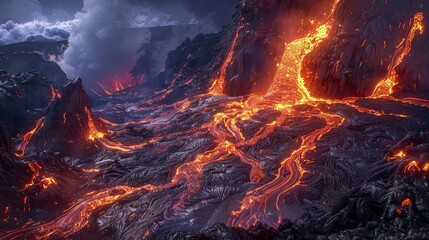 Mesmerizing Top-Down Shot of Fiery Magma Flowing Through Volcanic Landscape