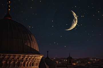 Depiction of night sky with crescent moon and star symbols traditionally associated with Ramadan