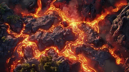 Fotobehang Molten Lava Flow Resembling a River of Fire: A Volcanic Spectacle. top view. © pengedarseni