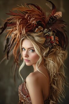 woman with blonde hair with locks and a feather headdress adorning her head