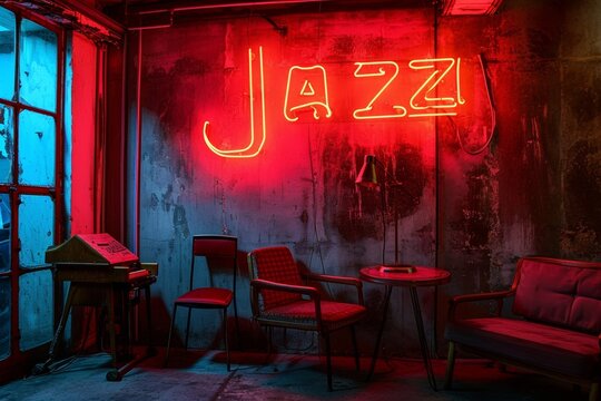 red neon JAZZ text on a wall of a bar or club in grunge style with chairs. Live jam music event. 