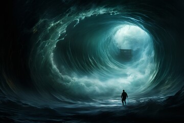 Surreal digital artwork of a man facing a massive oceanic vortex with a ship in the background - obrazy, fototapety, plakaty