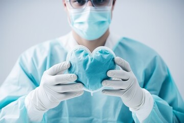 a surgeon in a mask and gloves holds a heart in his hands. Heart surgery concept