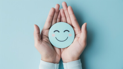 Two hands gently hold a smiling blue sphere against a calming turquoise background, conveying a sense of joy and emotional well-being. - obrazy, fototapety, plakaty