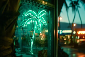palm tree green neon light sign glowing at night on glass window wall of surfboard  shop. Surf vibes and culture.