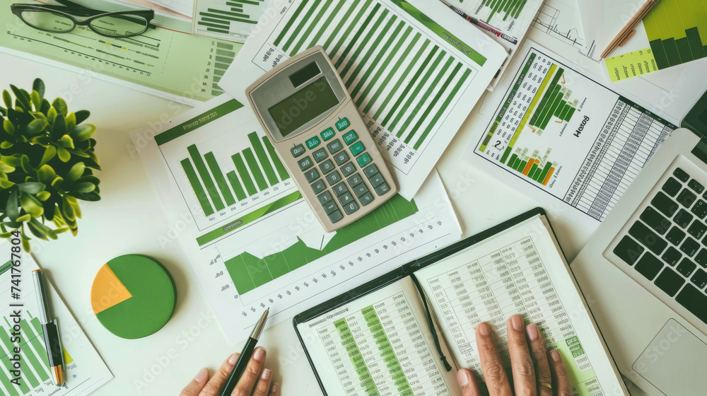 Poster an overhead view of a professional workspace with a person analyzing financial charts and data on pr
