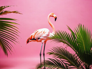 Pink flamingo and palm tree on pink summer background