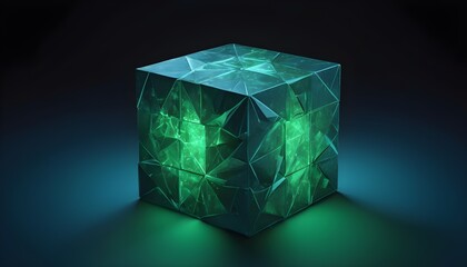 Geometrical pattern low-poly crystal green cube on dark background