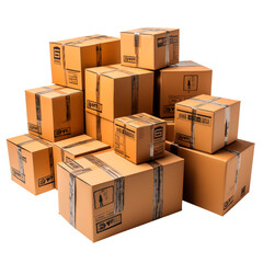 Paqueteria y envio de mercancia.Compras on line. Pila de cajas de cartón aisladas sobre fondo transparente.