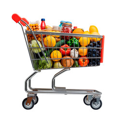 Un carrito de la compra lleno con varios comestibles aislados sobre fondo transparente.Surtido del mercado. - obrazy, fototapety, plakaty