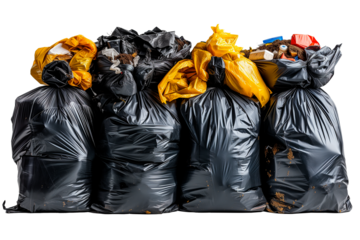 Bolsas de basura llenas de residuos aisladas sobre fondo transparente.