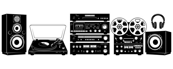 Audio Equipment Silhouettes Set. Vintage analog audio devices. Vector cliparts isolated on white.