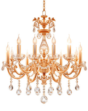 L&aacute;mpara suspendida vintage o retro de techo. Bombillas de l&aacute;mpara candelabro en forma de vela. Aislada sobre blanco