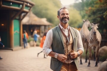 Portrait of a handsome middle-aged man in traditional clothes posing outdoors - obrazy, fototapety, plakaty