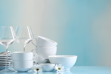 Set of many clean dishware, flowers and glasses on light blue table. Space for text