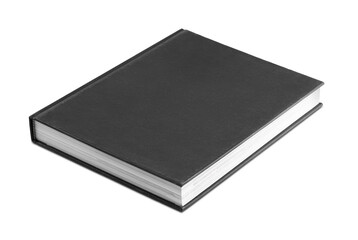 One closed black hardcover book isolated on white