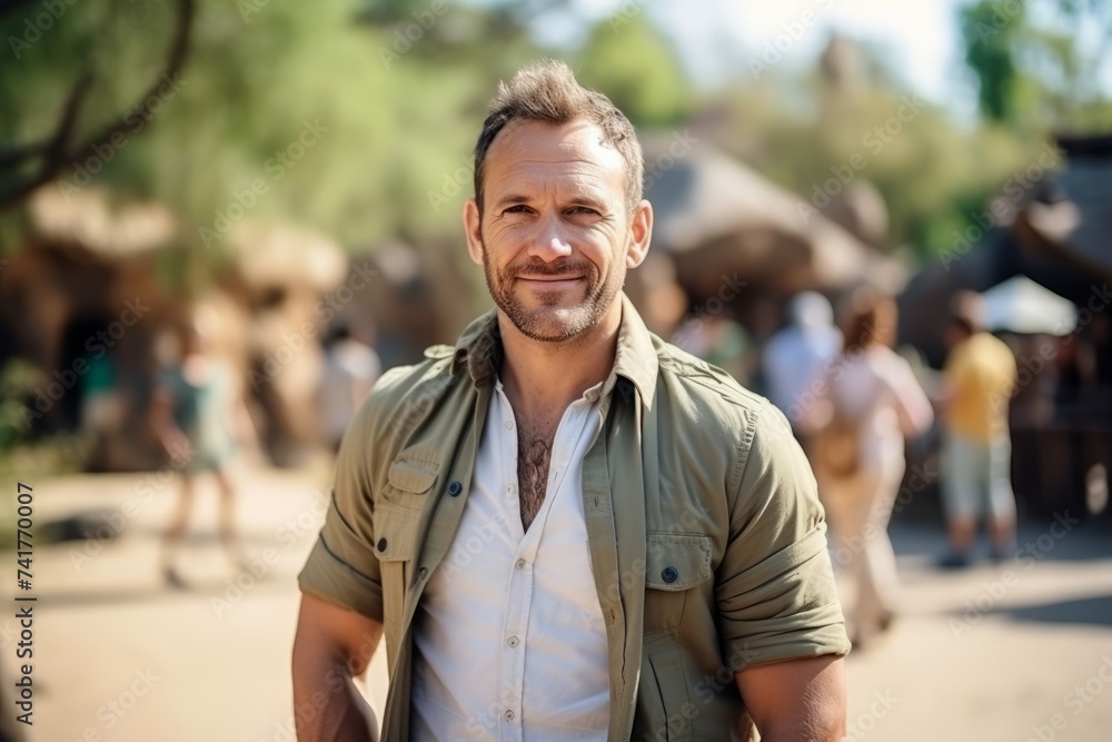 Poster Portrait of handsome mature man standing outdoors, looking at camera.