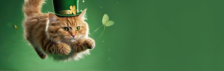 Fluffy red cat in a green top hat in a high jump on a green background - obrazy, fototapety, plakaty