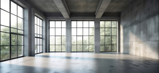 Minimalist Room With Large Windows and Concrete Walls