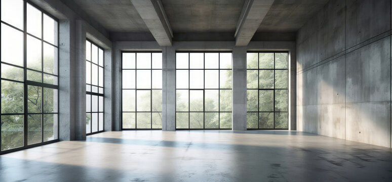Minimalist Room With Large Windows and Concrete Walls